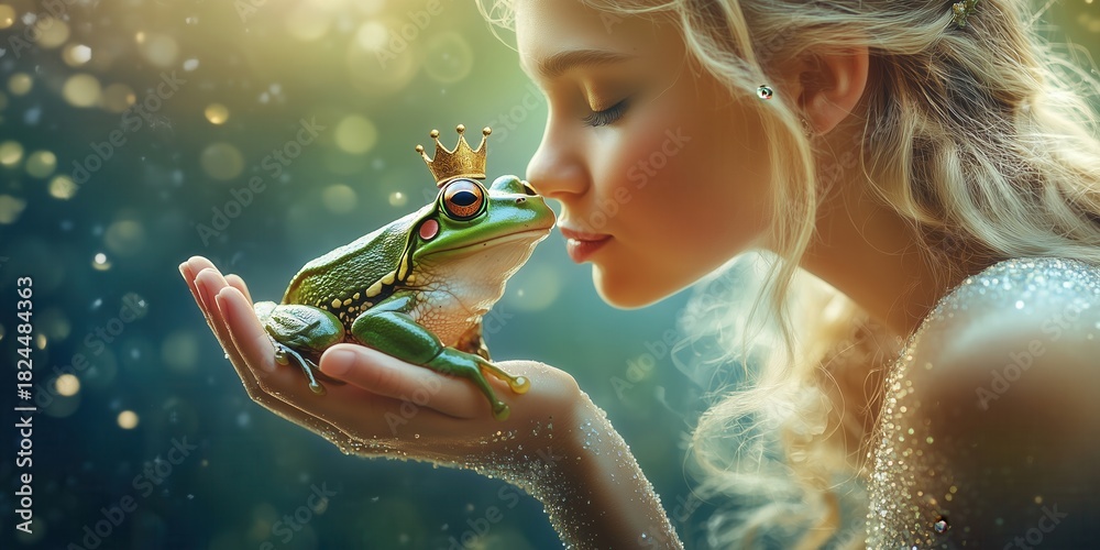 Naklejka premium Young beautiful princess kissing a frog. Fairytale illustration.