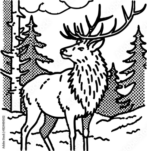 Majestic stag in winter forest deer with antlers standing among snowy pine trees, wildlife illustration