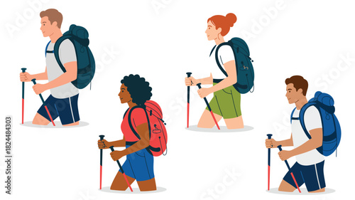 illustration of four hikers walking in side profile with backpacks and trekking poles in outdoor adventure setting