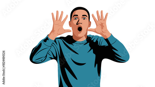 A surprised man expressing shock with hands up.