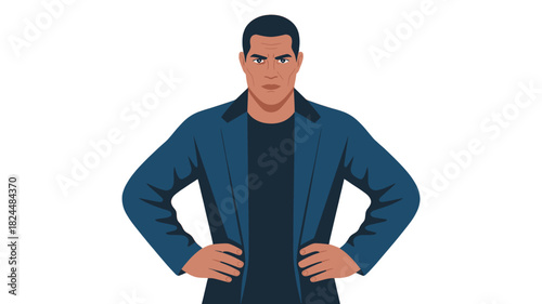 A determined person in a blue suit stands with hands on hips.