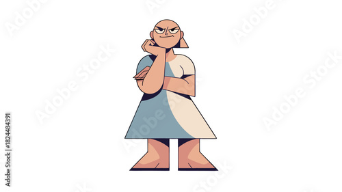 An illustration of a bald woman with a thoughtful expression.