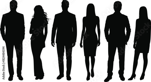 Business silhouettes, professional people, formal attire, corporate team, black silhouettes, workplace diversity, unity concept, career representation, leadership image, anonymous