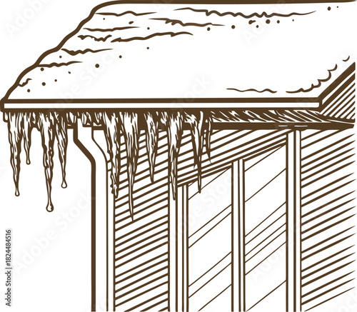 House roof with snow and icicles winter gutter drainage, frozen eaves, cold weather home exterior