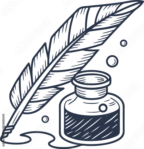 Feather quill and ink bottle icon vintage writing instrument illustration with inkwell, pen and ink drops