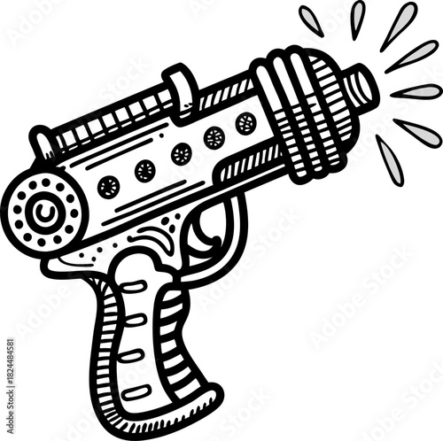 Retro ray gun illustration with vintage futuristic laser pistol outline and playful sci fi weapon design