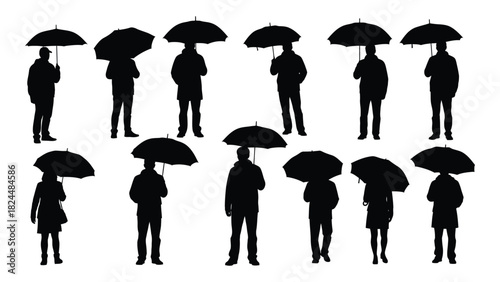 People with umbrellas silhouettes isolated on white background, Vector