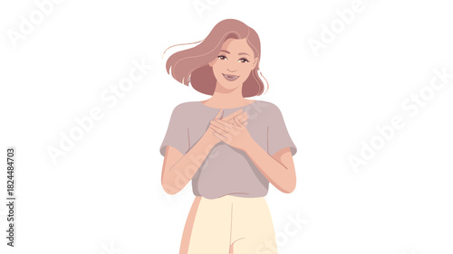 An illustration of a woman expressing gratitude with a smile and hands on her chest.