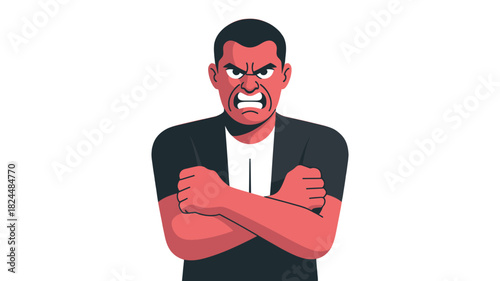 A person with angry facial expressions, arms crossed.