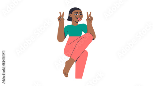 A lively person making a peace sign gesture.