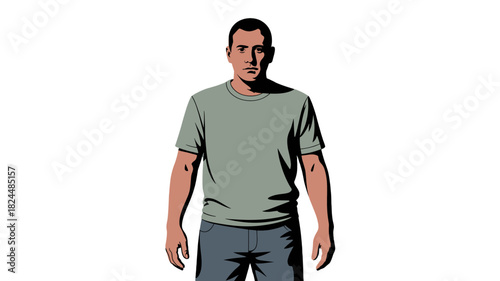 A male figure stands confidently in the image.