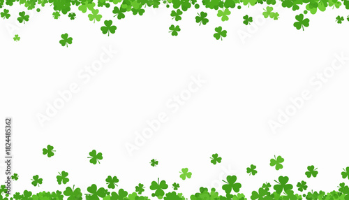 A white background framed by scattered green shamrocks and clovers at the top and bottom, creating a festive border.