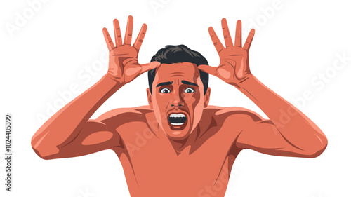 A man with a look of extreme fear and terror on his face, hands up.