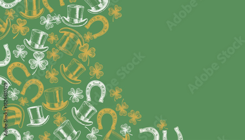 A festive St. Patrick's Day background with a pattern of shamrocks, top hats, and horseshoes on a vibrant green backdrop.