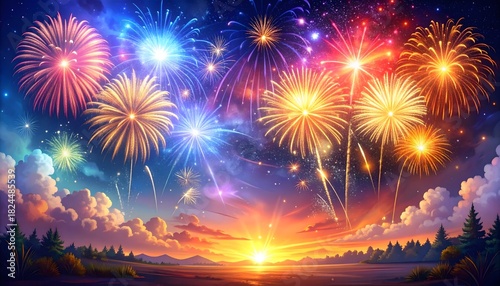 Colorful fireworks exploding over sky during sunset celebration