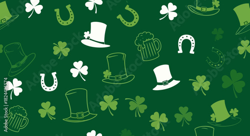 A festive green background pattern featuring St. Patrick's Day symbols like shamrocks, leprechaun hats, horseshoes, and beer mugs.