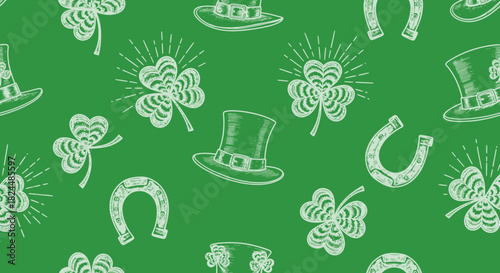 A seamless pattern of white outlined shamrocks, top hats, and horseshoes on a vibrant green background, celebrating St. Patrick's Day.