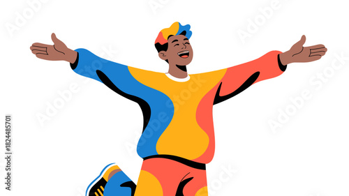 A person joyfully celebrates with arms outstretched, displaying happiness and freedom.