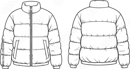 CAD drawing flat vector illustration, insulated puffer jacket front back view, fashion technical sketch, winter outerwear design template