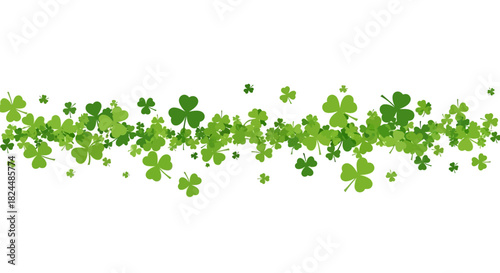 A horizontal band of scattered green shamrocks and clovers in various shades, creating a festive border on a white background.