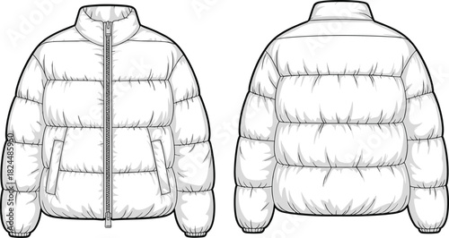 Cad drawing flat vector illustration, puffer jacket front and back view, fashion sketch, garment template, quilted outerwear design