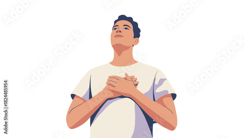 A person with hands on chest and looking up with a hopeful expression.