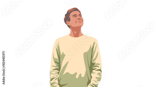 A man looks up with a smile.