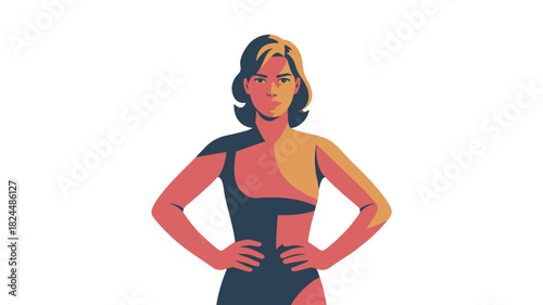 A determined woman with arms akimbo, exuding strength and confidence.