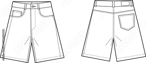 Cad drawing flat vector illustration, shorts front and back view, fashion sketch, garment template, waistband pocket design layout