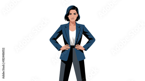 A determined woman confidently standing with hands on hips.