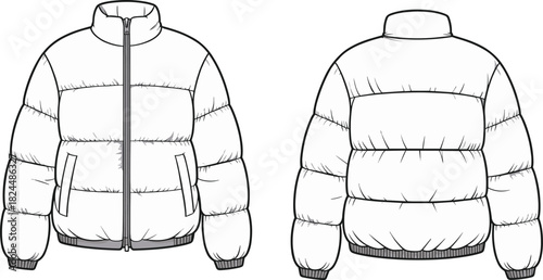 CAD drawing flat vector illustration, technical fashion sketch, insulated puffer jacket front back view, winter outerwear design template