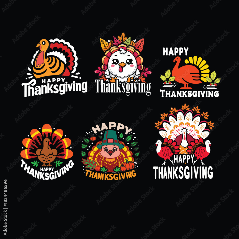 Obraz premium This Thanksgiving T-shirt design bundle features a charming collection of cute and colorful turkey illustrations, perfect for fall celebrations and festive apparel. Each design includes playful charac