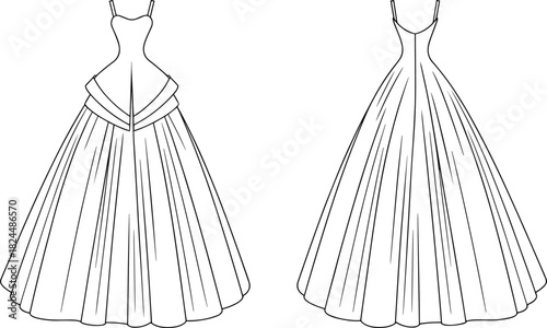 CAD drawing flat vector illustration, technical gown sketch, ball dress design, fashion blueprint, bridal wear template, garment construction guide