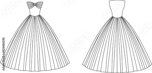 CAD drawing flat vector illustration, technical gown sketch, pleated dress design, sweetheart neckline, fashion blueprint, garment construction template