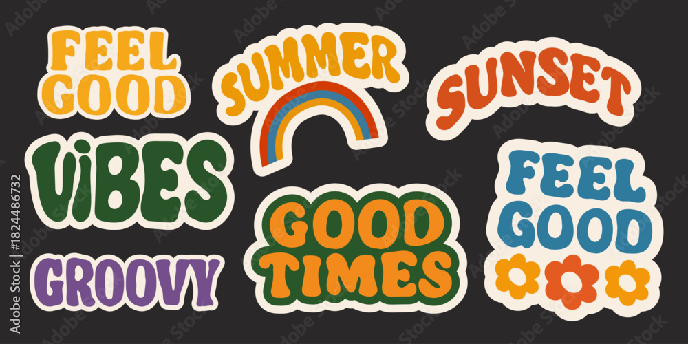 Naklejka premium Retro Groovy Sticker Typography Set. 