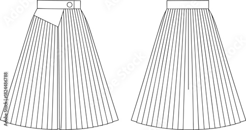 CAD drawing flat vector illustration, technical pleated skirt sketch, asymmetrical flap design, fashion blueprint, garment construction, sewing template