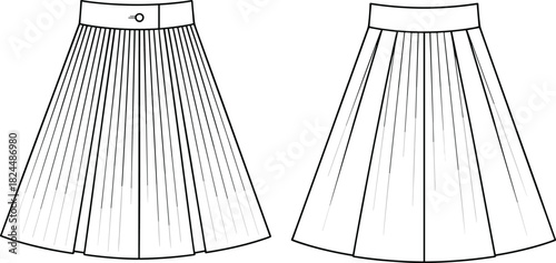CAD drawing flat vector illustration, technical pleated skirt sketch, waistband detail comparison, fashion blueprint, garment construction, sewing template