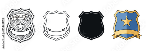 Set of four police officer badges shown in different artistic styles, including a hand-drawn sketch, a simple line art outline, a black silhouette, and a colored cartoon version
