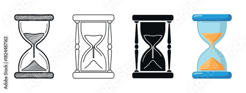 Set of four hourglass sand timer icons in various design styles, including a hand-drawn sketch, a simple outline, a black silhouette, and a colorful flat cartoon illustration