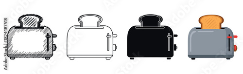 Set of four kitchen toaster icons in different styles including hand-drawn sketch, simple outline, solid silhouette, and a colorful flat vector illustration