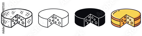 Set of four cheese wheel icons with a cut wedge, illustrated in various graphic styles including hand-drawn sketch, simple line art, solid glyph, and full color