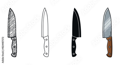 Four illustrations of a chef's knife showing different graphic styles like hand-drawn sketch, simple outline, solid black silhouette, and a detailed full-color cartoon drawing