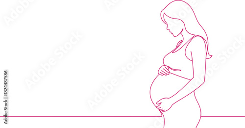 Continuous Line Art Vector Illustration of a Pregnant Woman Holding Her Belly, Symbolizing Expectant Motherhood, Pregnancy Care, Maternity Health, and Family Planning Concepts