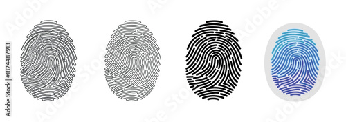 Four different fingerprint vector icons set showing various styles from outline to solid black and a modern blue gradient design for security and identification concepts