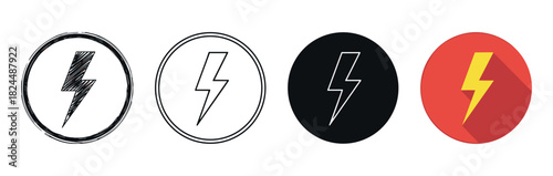 Collection of four lightning bolt icons in different design styles including a hand-drawn sketch, clean line art, a solid inverse version, and a modern flat design with a long shadow