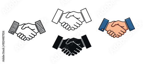 Set of four handshake icons in different artistic styles including cartoon, outline, silhouette, and doodle, representing a business agreement, partnership, and successful deal