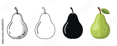 Set of four pear fruit illustrations showing different artistic styles including hand-drawn sketch, simple outline, solid silhouette, and a colorful flat design