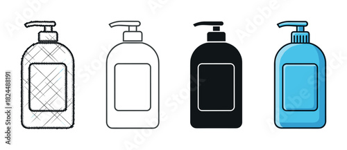 Pump dispenser bottle icons in a set of four distinct styles: hand-drawn sketch, simple line art, solid black silhouette, and a blue flat color version
