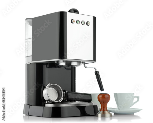 Portafilter espresso machine with tamper and cups on a transparent PNG background, presenting a complete barista setup for crafting rich espresso in a clean, high-quality image for versatile design us