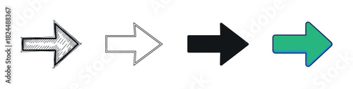 Set of four different arrow icons pointing right, showcasing various design styles from hand-drawn sketch and outline to solid black silhouette and colorful cartoon vector illustration